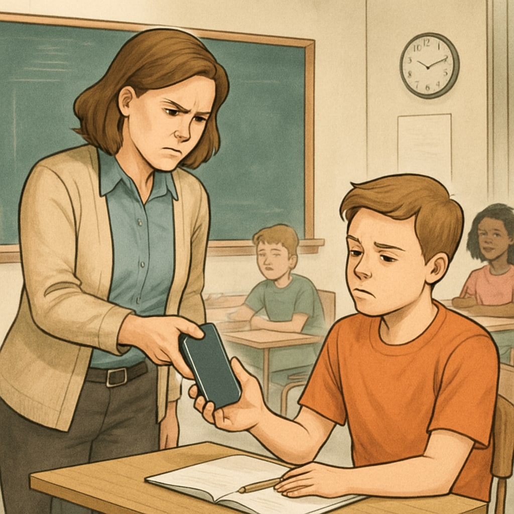 A frustrated teacher confiscating a student's phone during class, highlighting the enforcement challenges of a phone ban. Teacher confiscating a phone from a student during class.