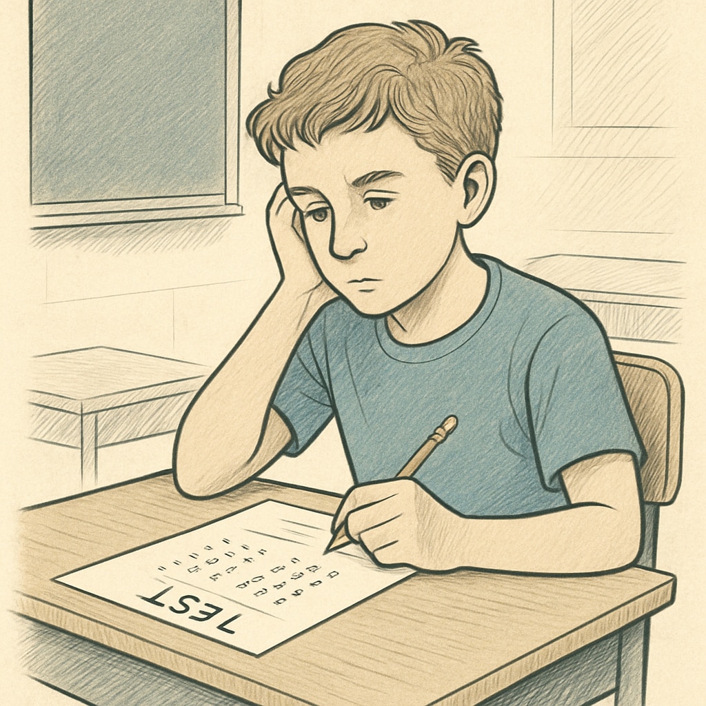 A thoughtful student looking at a test paper, symbolizing standardized exam struggles faced by ADHD students. ADHD student examining a test paper during a standardized exam.