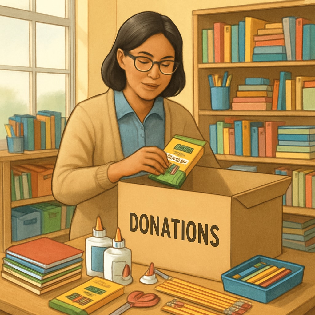 A teacher organizing donated school supplies in a classroom, highlighting the importance of resource donations in K12 education. Teacher organizing donated school supplies in a classroom