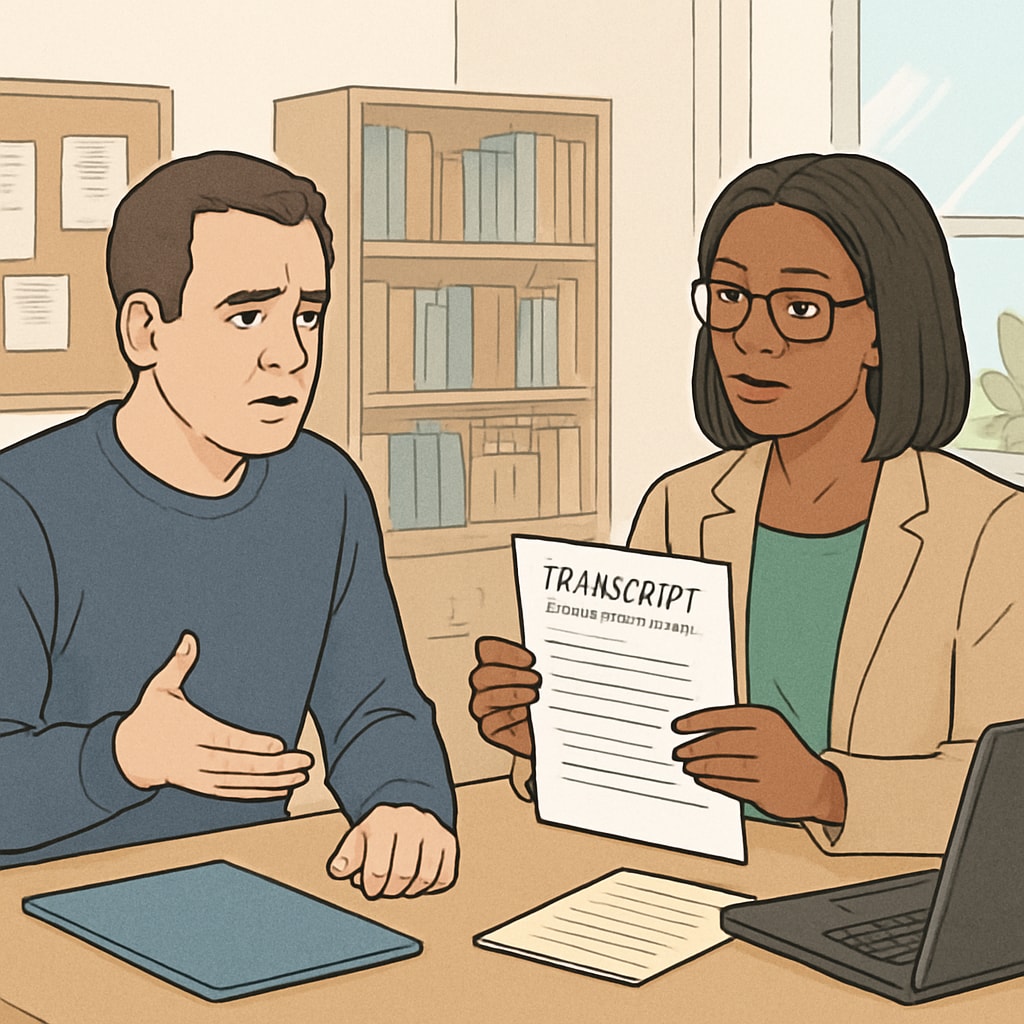 A concerned parent discussing transcript policies with a school administrator. Parent and school administrator discussing unpaid balances and transcripts.