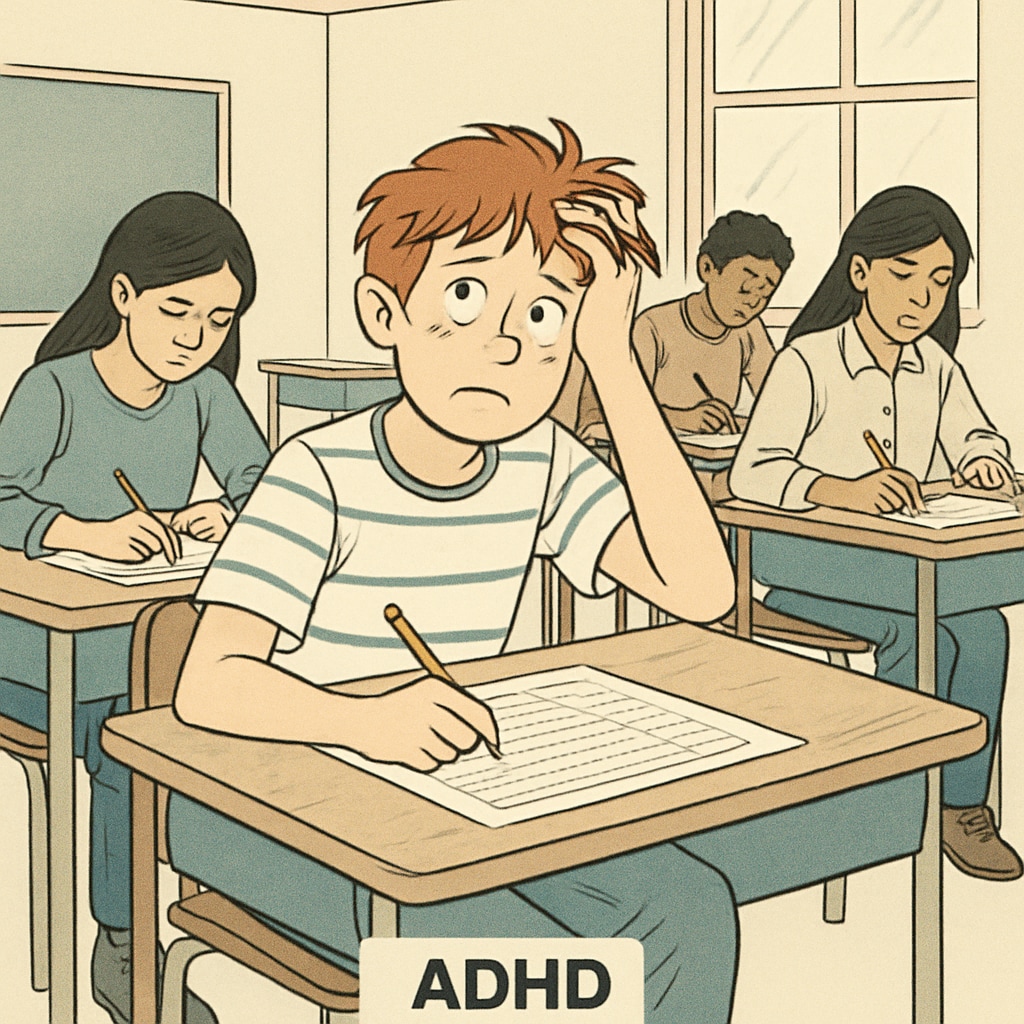 A classroom with students taking a standardized test, highlighting the challenges ADHD students face during such assessments. Students taking a standardized test, illustrating difficulties for ADHD learners.
