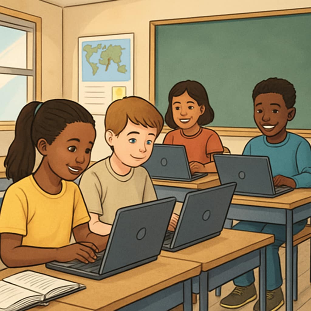 A group of students using donated laptops in a classroom setting, demonstrating the impact of small donations on learning outcomes. Students using donated laptops in a classroom