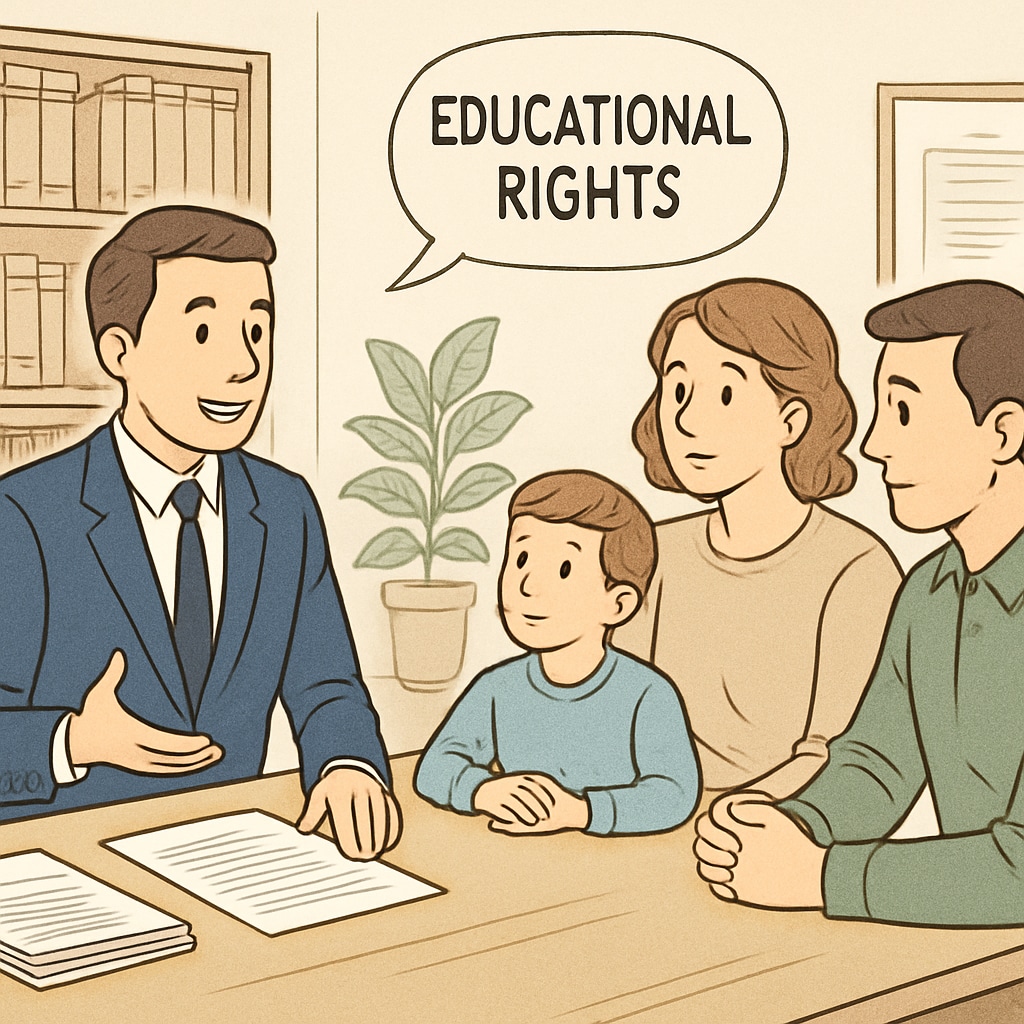 A lawyer or legal advisor discussing educational rights with a family. Legal advisor explaining transcript access rights to a family.