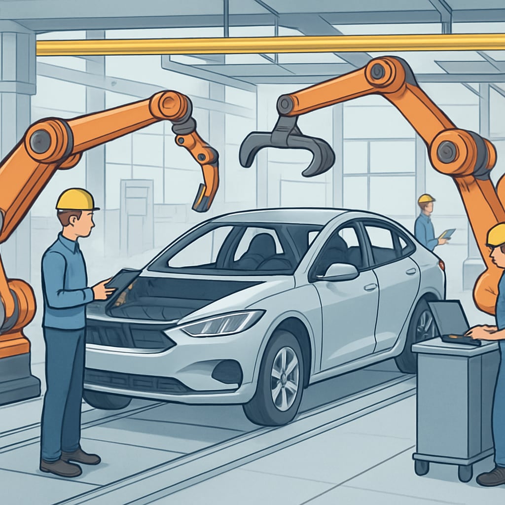A modern electric vehicle assembly line showcasing automation and skilled technicians. Electric vehicle assembly line with automation and technicians, showcasing the future of automotive manufacturing.