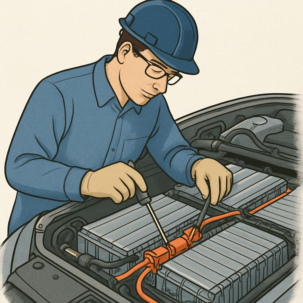 A skilled technician working on an electric vehicle battery system with precision tools. Technician working on an EV battery system, highlighting the role of electrical expertise in automotive careers.