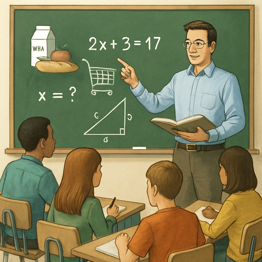 A classroom setting where a teacher is explaining a real-world math problem to engaged students. The teacher uses relatable examples to demonstrate the application of math concepts. Teacher explaining real-world math problems to students, fostering motivation.