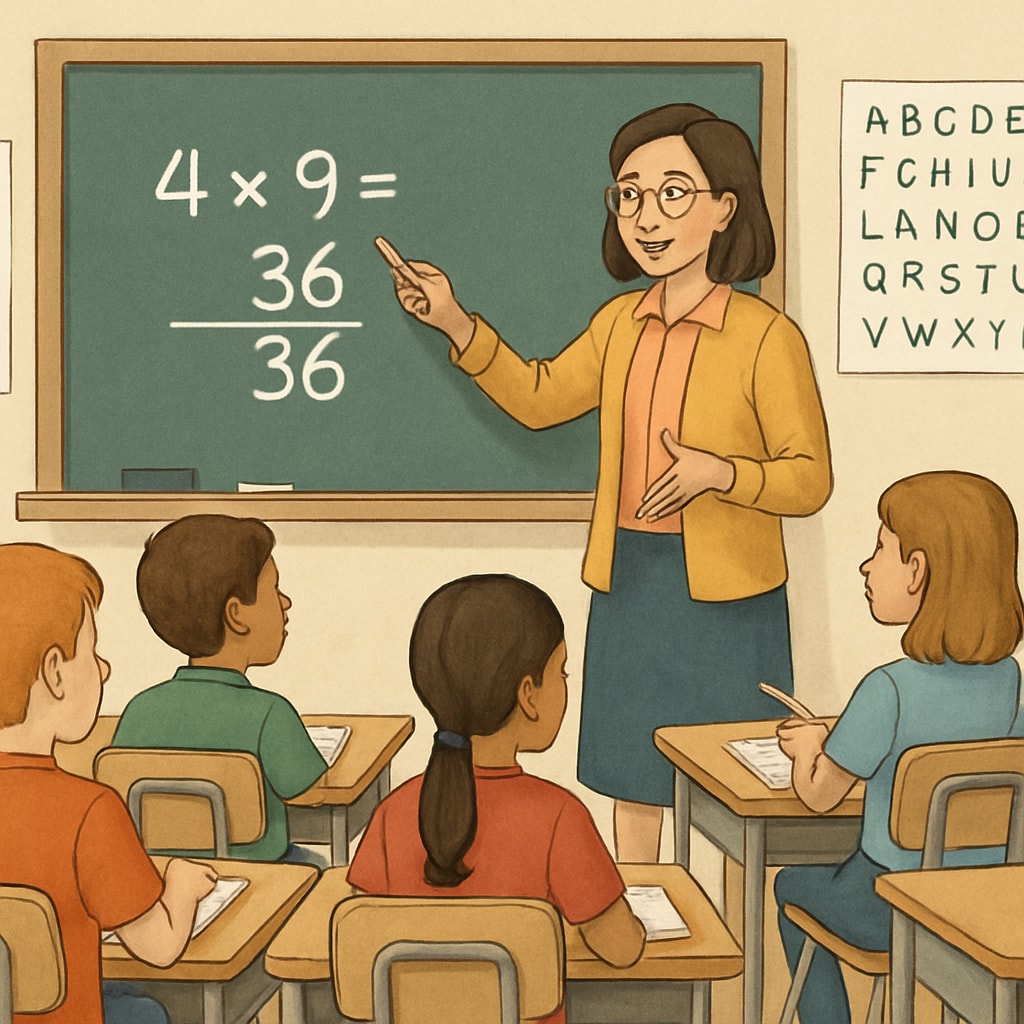 A classroom setting with a teacher explaining a math problem on the board, engaging students actively. Teacher explaining a math problem to high school students in a classroom.