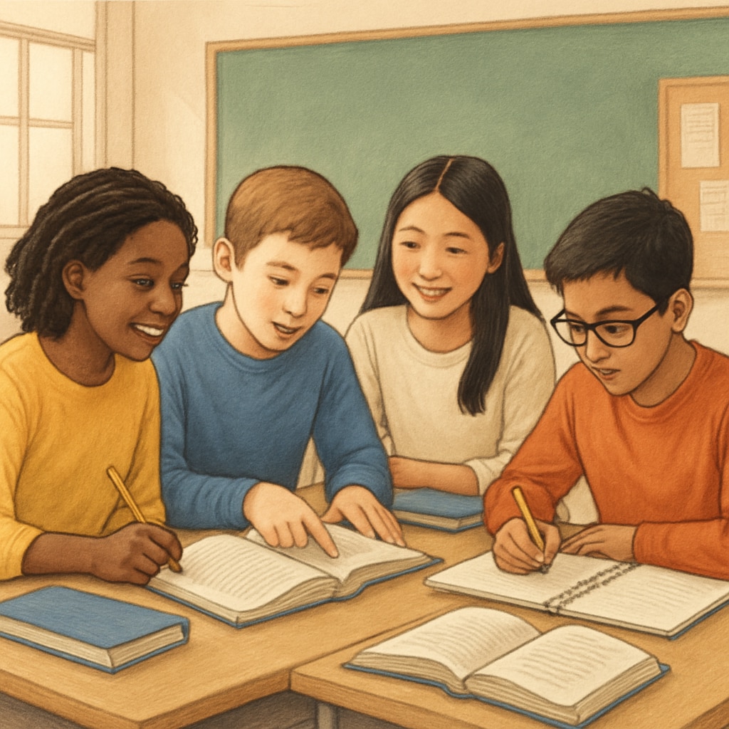 A classroom with diverse students engaging in group study, emphasizing collaboration and modern learning techniques. Diverse students in a classroom working together on a group project, illustrating modern learning methods.
