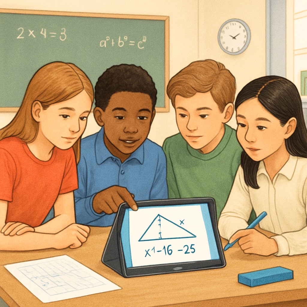 A group of students collaborating on a math problem using a tablet and interactive tools. The focus is on teamwork and technology in learning. Students collaborating on a math problem with interactive tools, showcasing engagement.