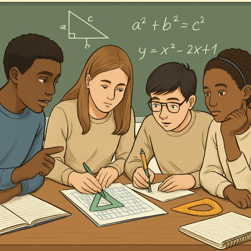 A student group working collaboratively with math tools, demonstrating teamwork and problem-solving. High school students collaborating on math problems using tools and teamwork strategies.