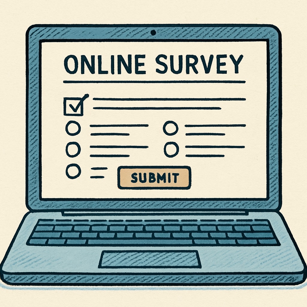 A laptop screen displaying an online survey form, symbolizing ease of participation in the research. Laptop screen with an online survey form, encouraging participation in the K12 learning research.