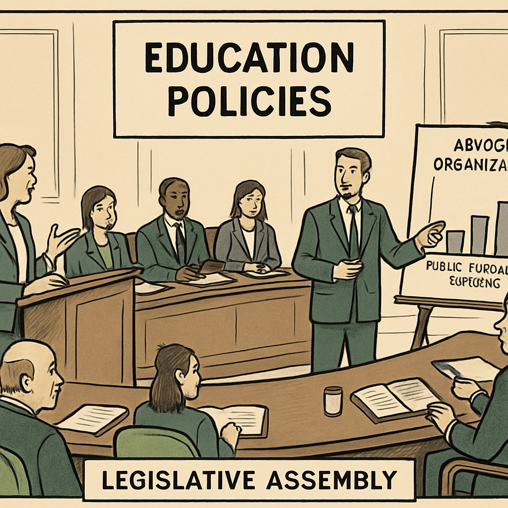A legislative assembly discussing education policies, representing the influence of advocacy organizations on public education funding. Legislative assembly discussing public education funding policies influenced by privatization efforts.