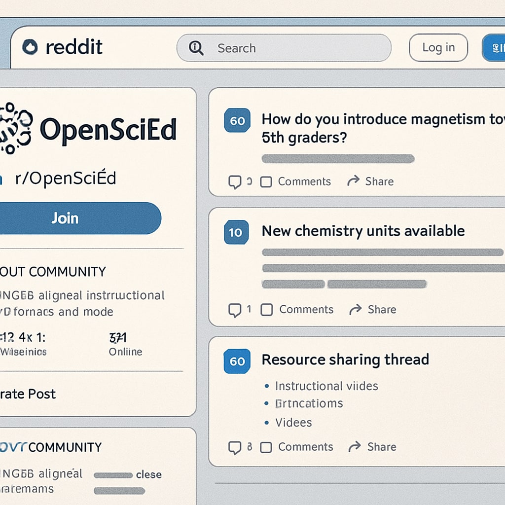A screenshot of the OpenSciEd Reddit community homepage, showcasing active discussions and resources. Screenshot of OpenSciEd Reddit community homepage.