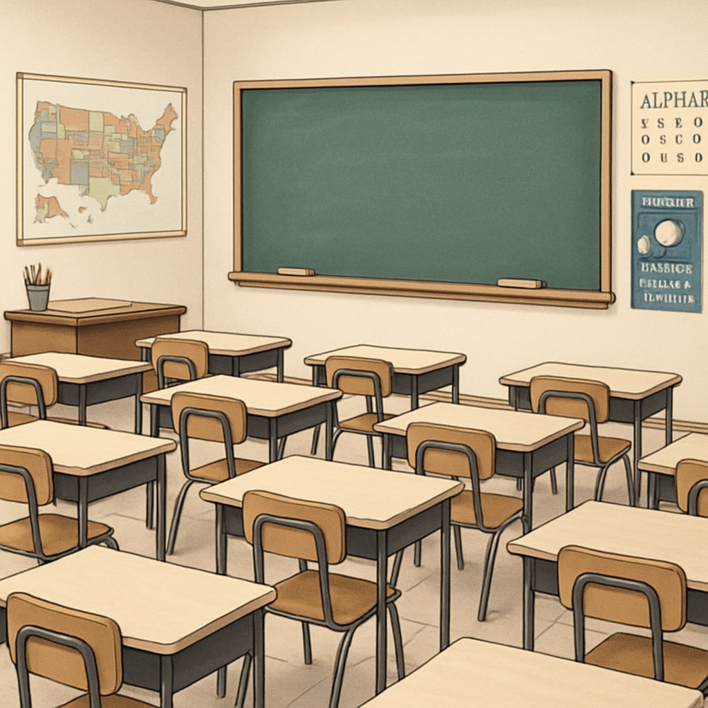 A classroom with empty desks, symbolizing the impact of funding redistribution on public schools. Empty classroom desks reflecting challenges faced by public schools due to funding redistribution.