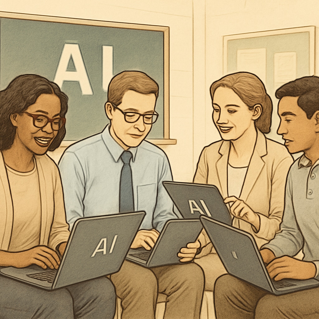 A group of teachers in a professional development session, learning to use AI tools effectively in education. Teachers participating in a workshop to develop technical skills for AI education applications.