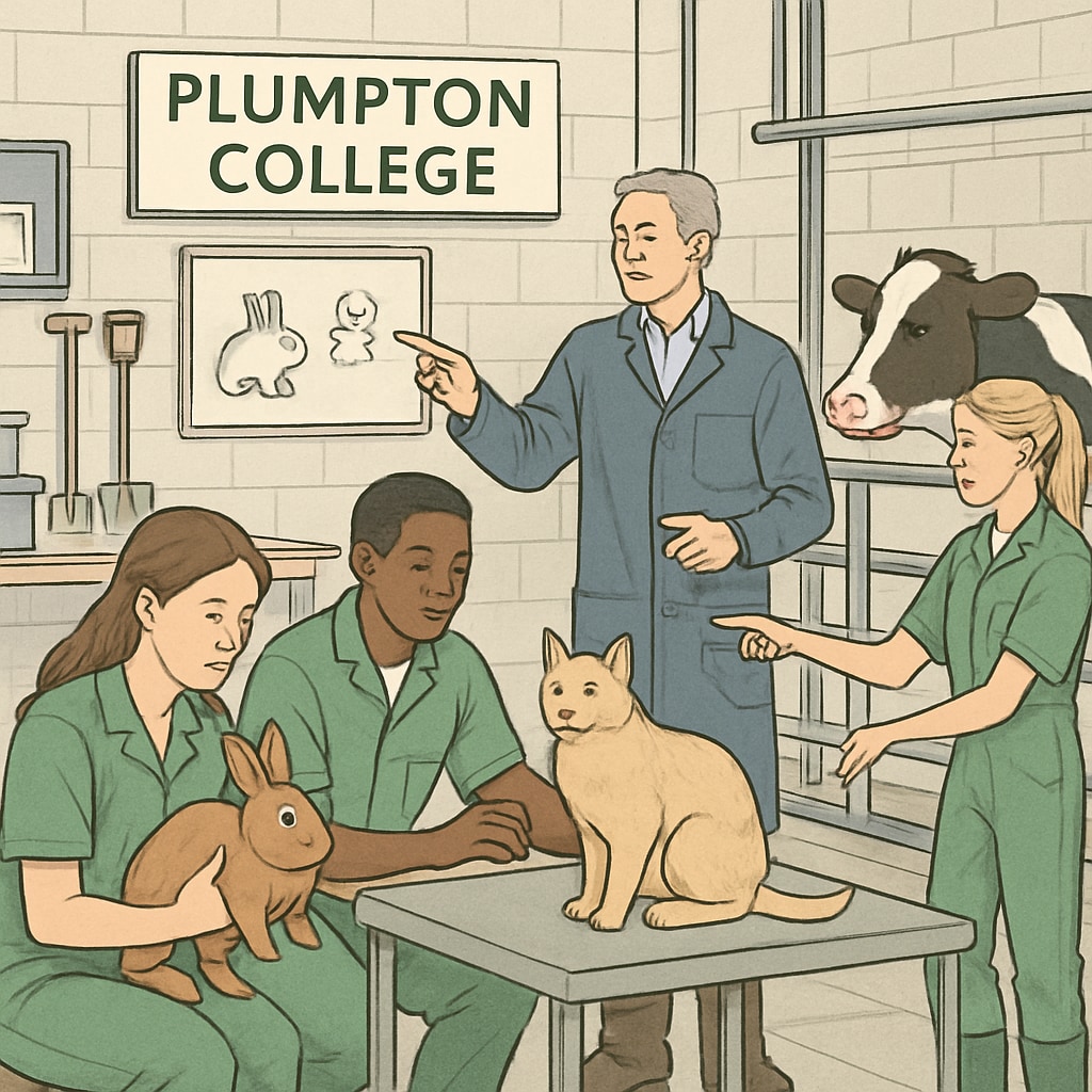 A group of students engaging in animal care training at Plumpton College, showcasing the hands-on vocational learning environment. Students participating in Plumpton College’s animal care program, balancing GCSE studies with vocational training.