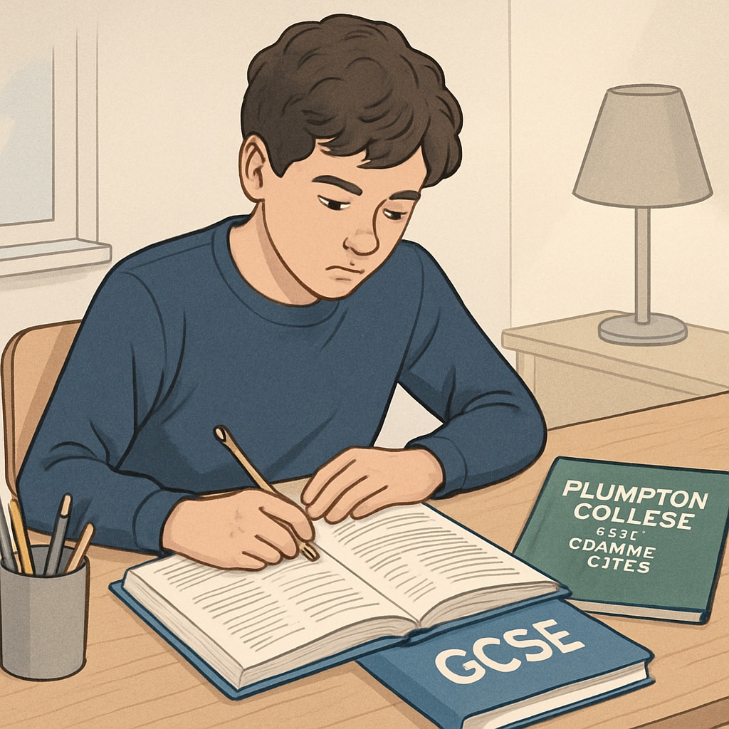 A teenager studying at a desk with both a GCSE textbook and a Plumpton College course guide. A student juggling Plumpton College coursework and GCSE exam preparation.