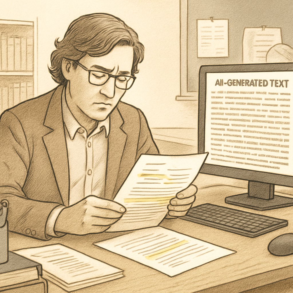 An educator reviewing a student's paper with AI-generated text, symbolizing challenges in maintaining academic integrity. Educator reviewing a paper flagged for AI content, academic integrity challenge.