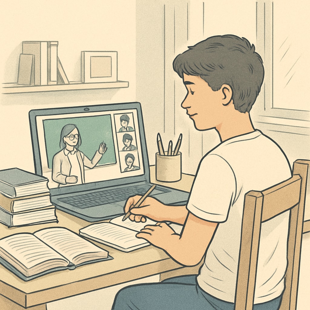 A student engaging in an online high school class, showcasing flexibility and accessibility of digital education platforms. Online high school student using a laptop, representing flexible education options for displaced youth.