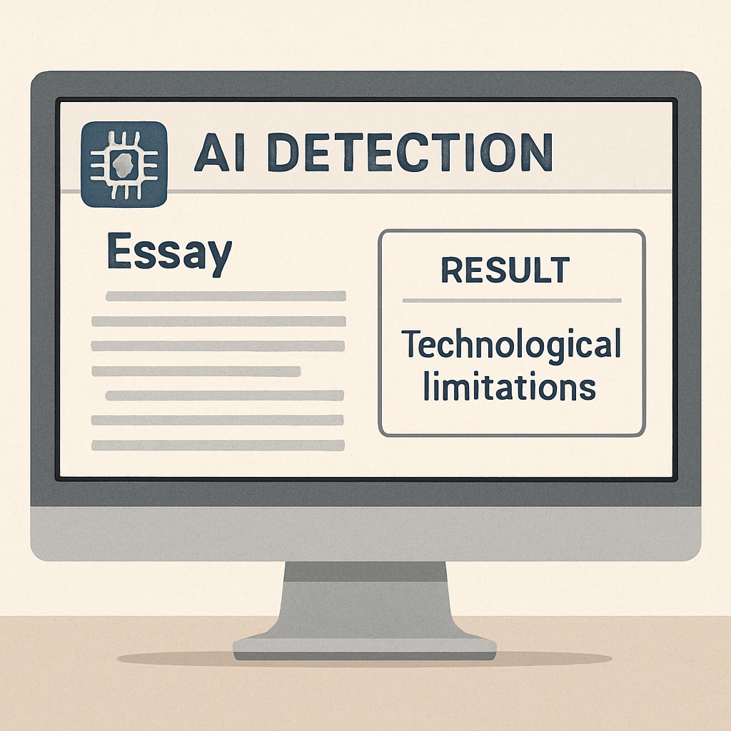 A computer screen showing AI detection software analyzing an essay, representing technological limitations. AI detection software analyzing content, highlighting limitations in detecting AI-written text.