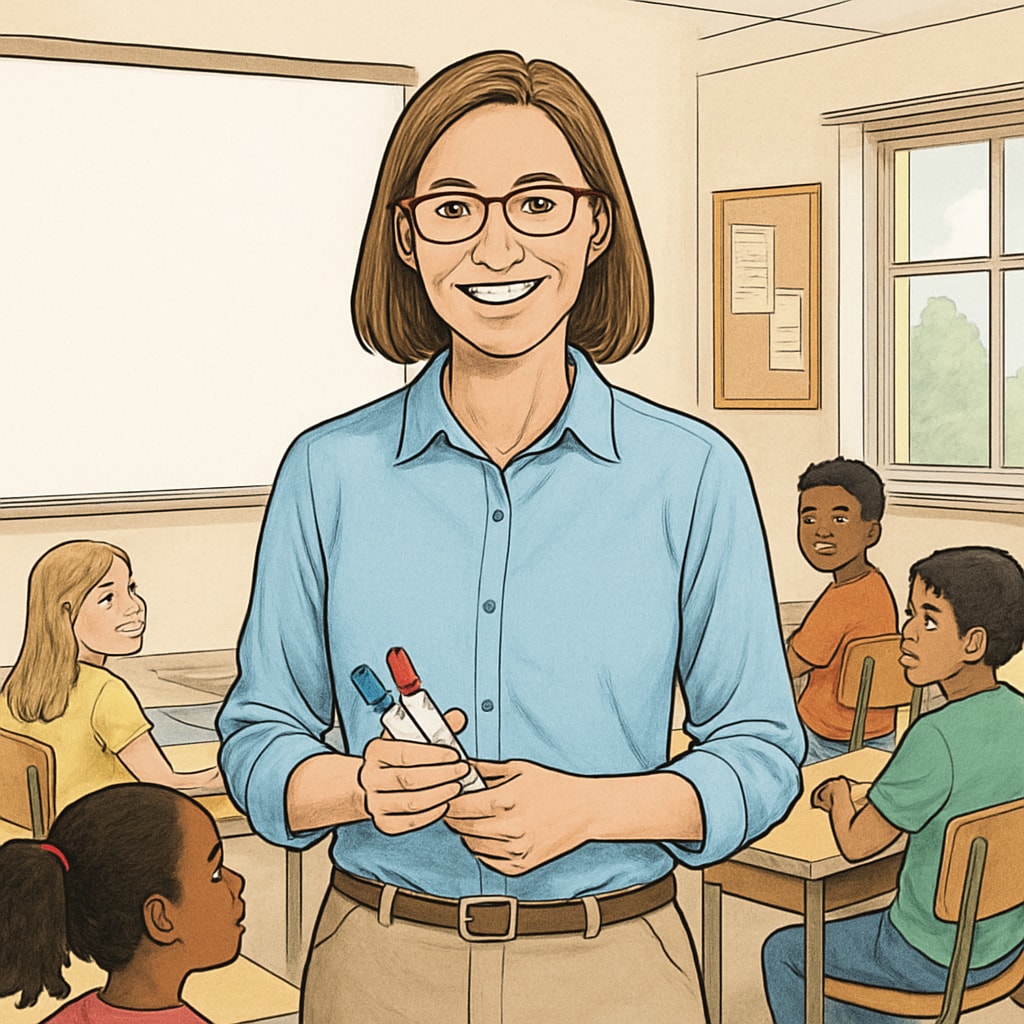 A teacher holding whiteboard markers, smiling in a classroom filled with students. Teacher holding whiteboard markers in a classroom, highlighting classroom donations.