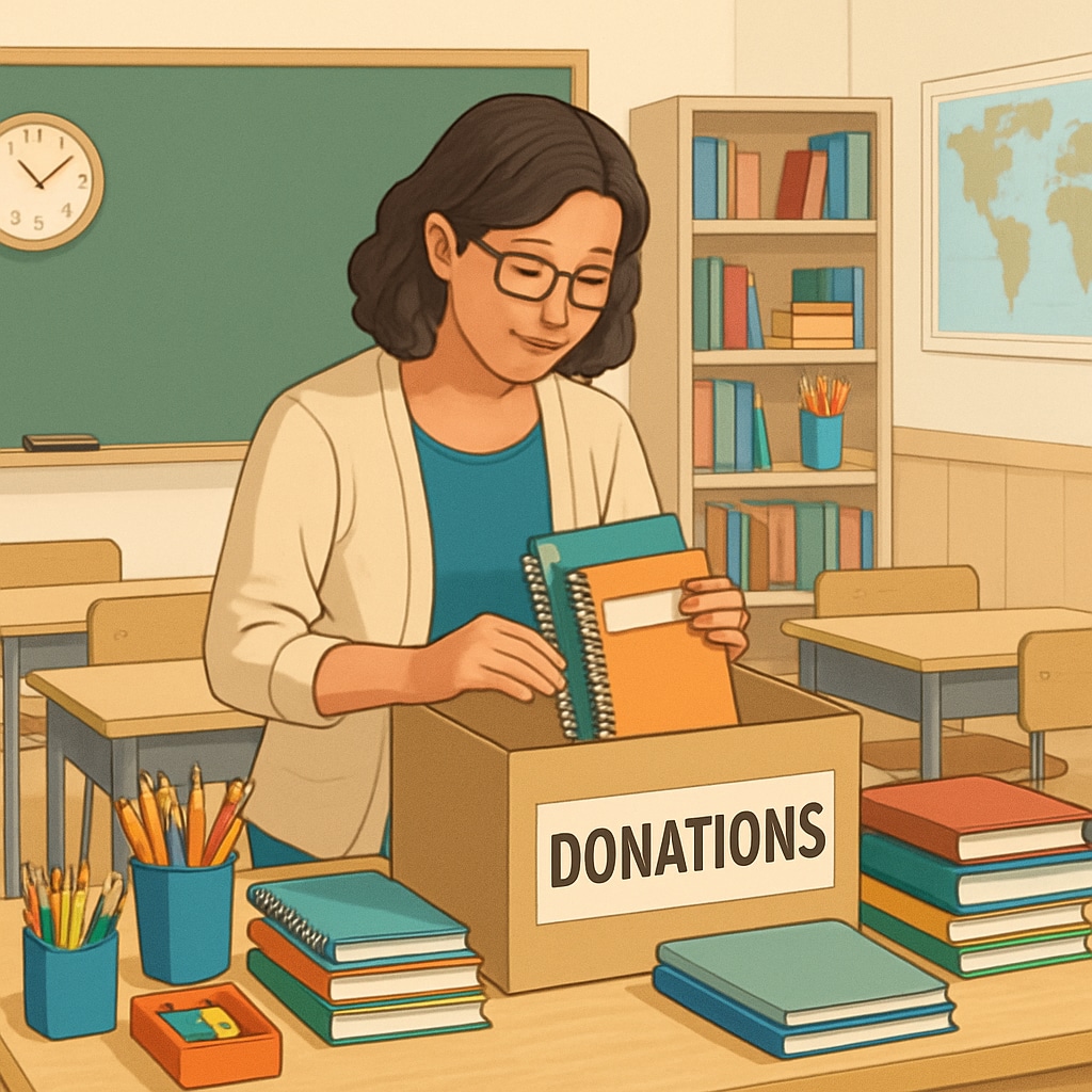 A teacher organizing donated school supplies in a classroom setting. The image conveys the importance of donations in supporting education. It shows a tidy classroom filled with colorful supplies. Teacher organizing school supplies in a classroom donated by supporters