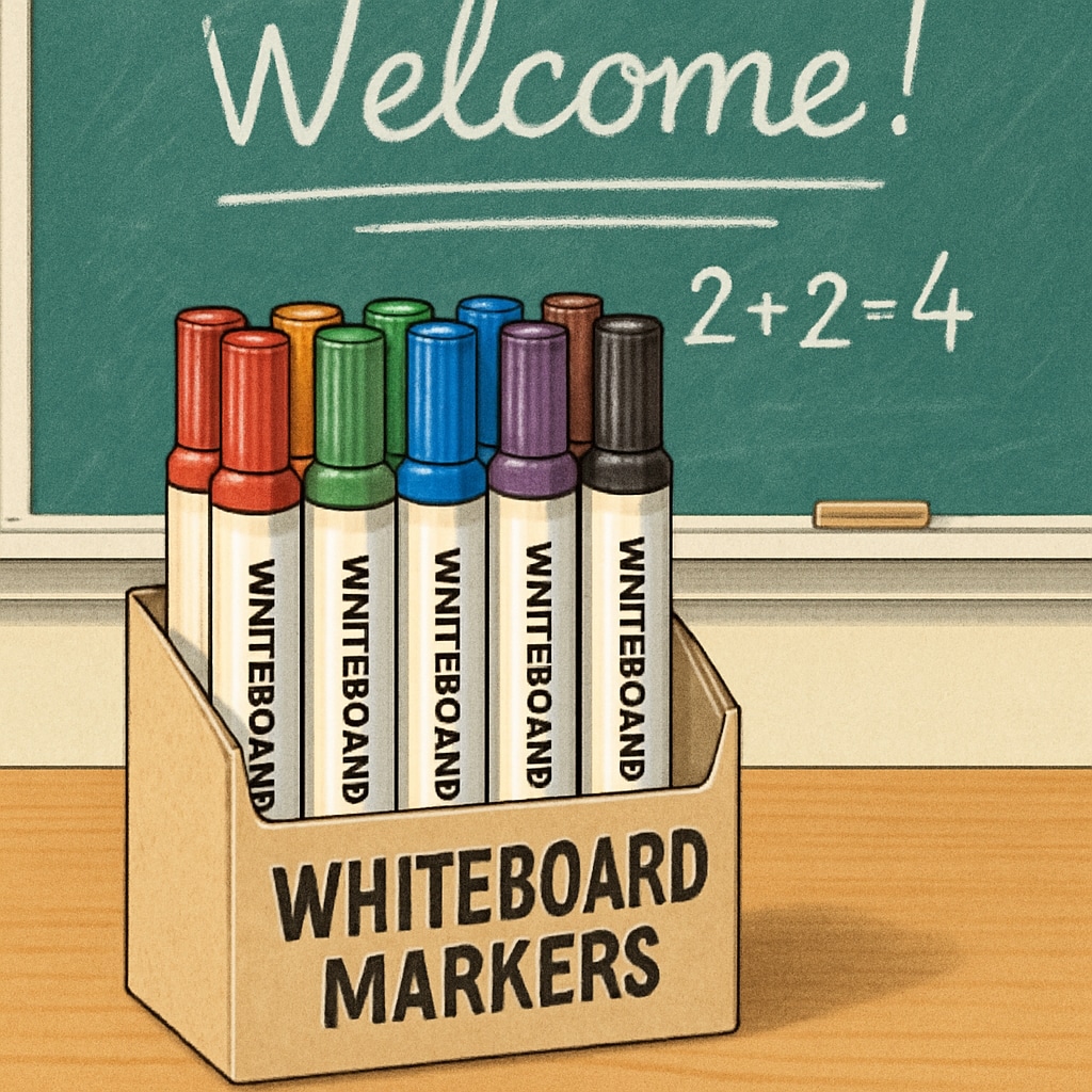A box of colorful whiteboard markers placed on a teacher’s desk with a chalkboard in the background. Whiteboard markers on a teacher's desk, showing the importance of classroom supplies.