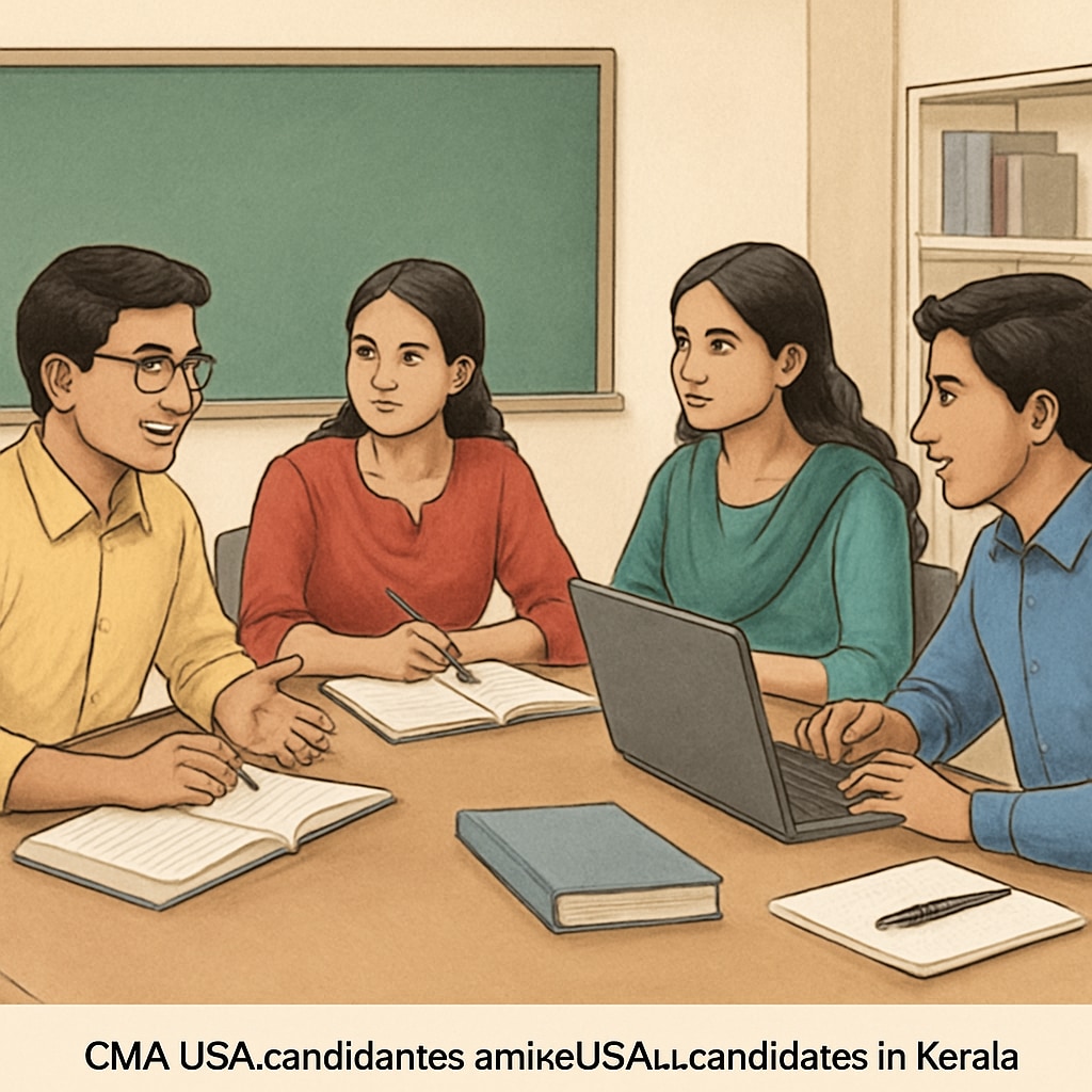 A group of CMA USA candidates in Kerala engaged in a study session, showcasing collaborative learning. CMA USA candidates in Kerala collaborating during a study session.