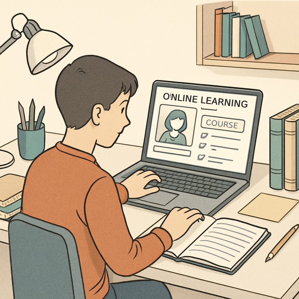 A student working on a personalized online learning platform at their home desk. A student engaged in personalized online learning through a public online school.