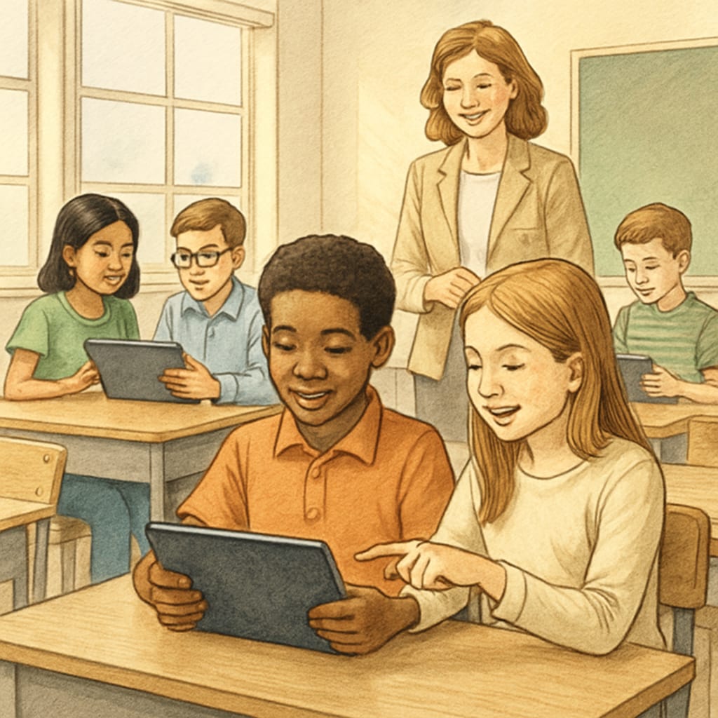 A group of students using donated tablets during a classroom activity. The image highlights the impact of technology donations on modern learning environments. Students using donated tablets during a classroom activity