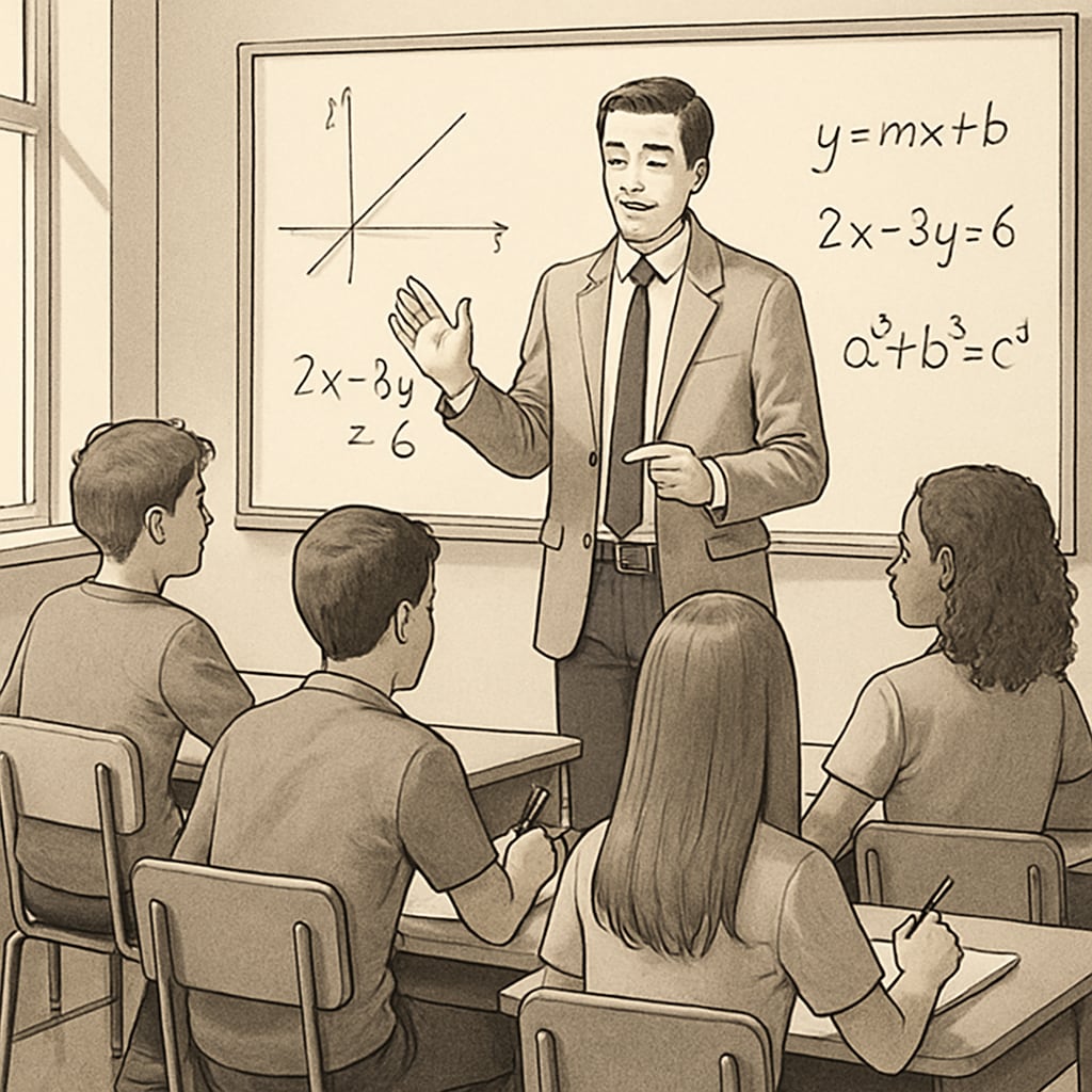 A classroom with a teacher explaining math concepts to engaged high school students. Teacher explaining high school math to students during a lesson