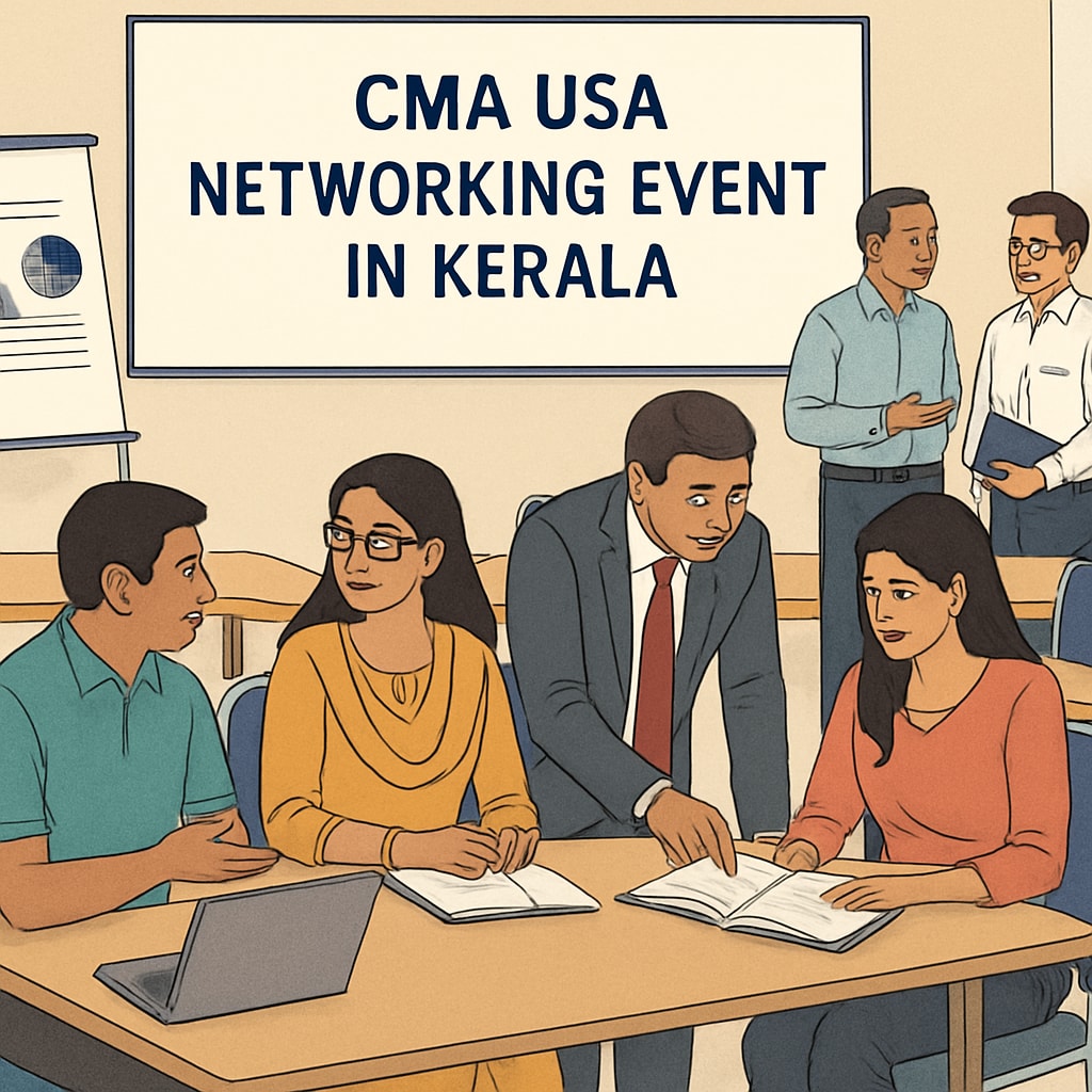 A CMA USA networking event in Kerala, with aspirants and professionals interacting in a collaborative setting. Networking event for CMA USA aspirants in Kerala.