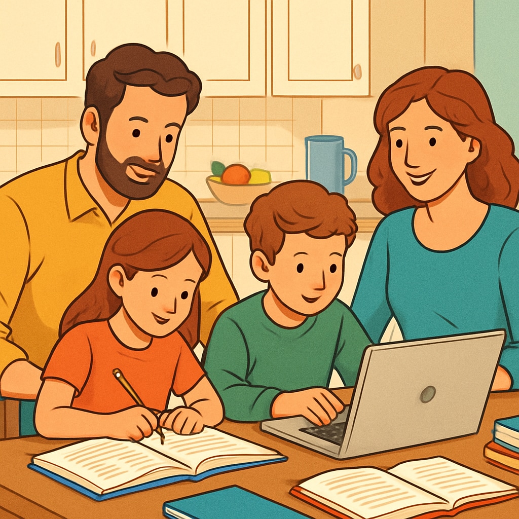A family working together on homeschooling activities around a kitchen table, illustrating the flexibility of online education. A family benefiting from the flexibility of public online schools.