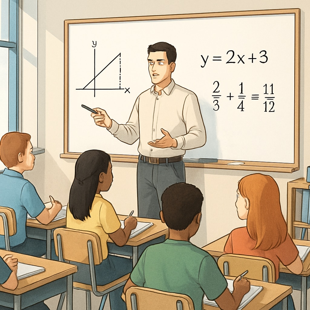 A classroom scene where a teacher is explaining math on a whiteboard, engaging students who appear focused and attentive. Teacher explaining math concepts on a whiteboard to focused high school students.