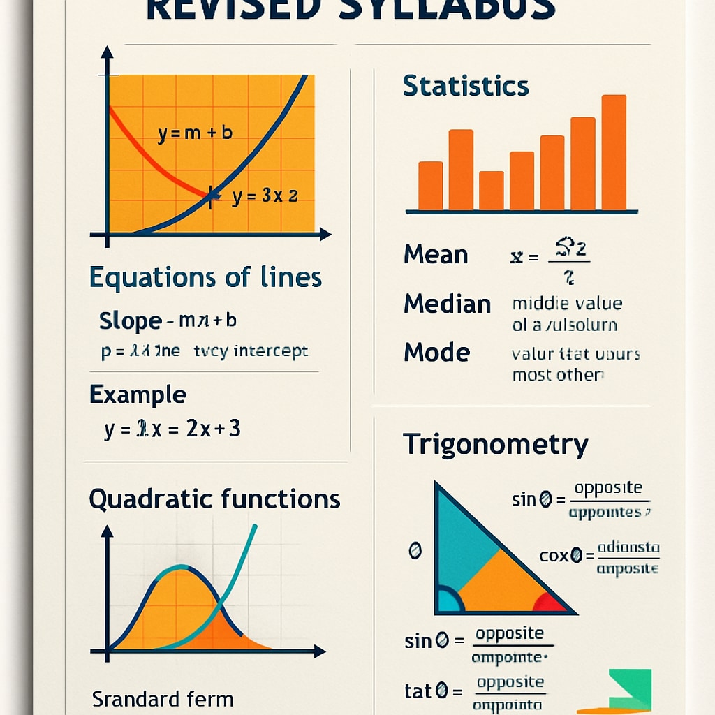 A textbook or curriculum guide showing a revised high school math syllabus with colorful diagrams and examples. Revised high school math syllabus with diagrams and examples