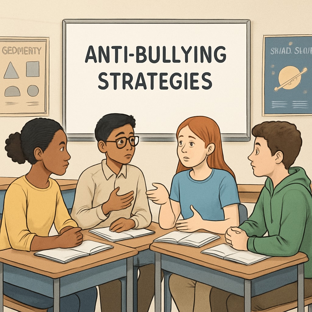Students collaborating in a classroom to address school bullying and promote harmony.