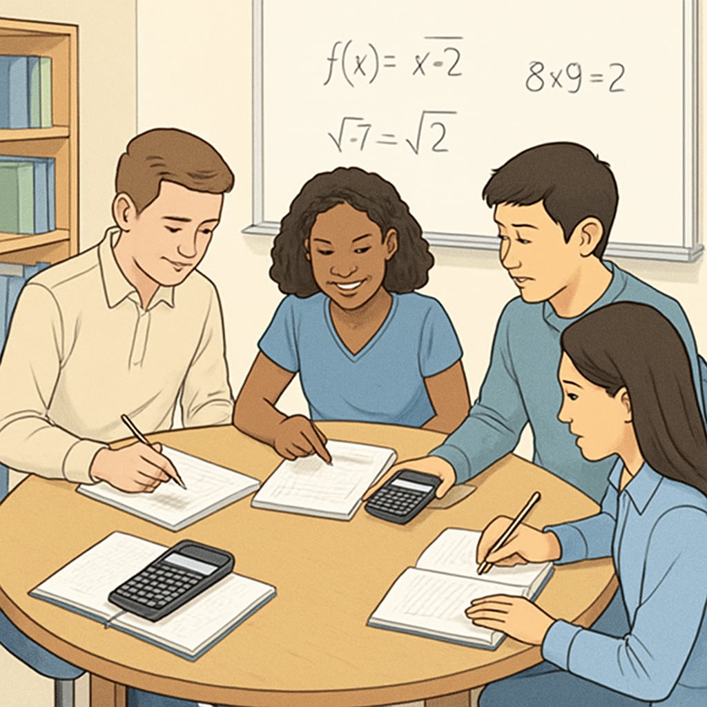Students collaborating on math problems at a round table, using calculators and notebooks, exemplifying teamwork in learning. High school students working together on math problems, illustrating teamwork and engagement.