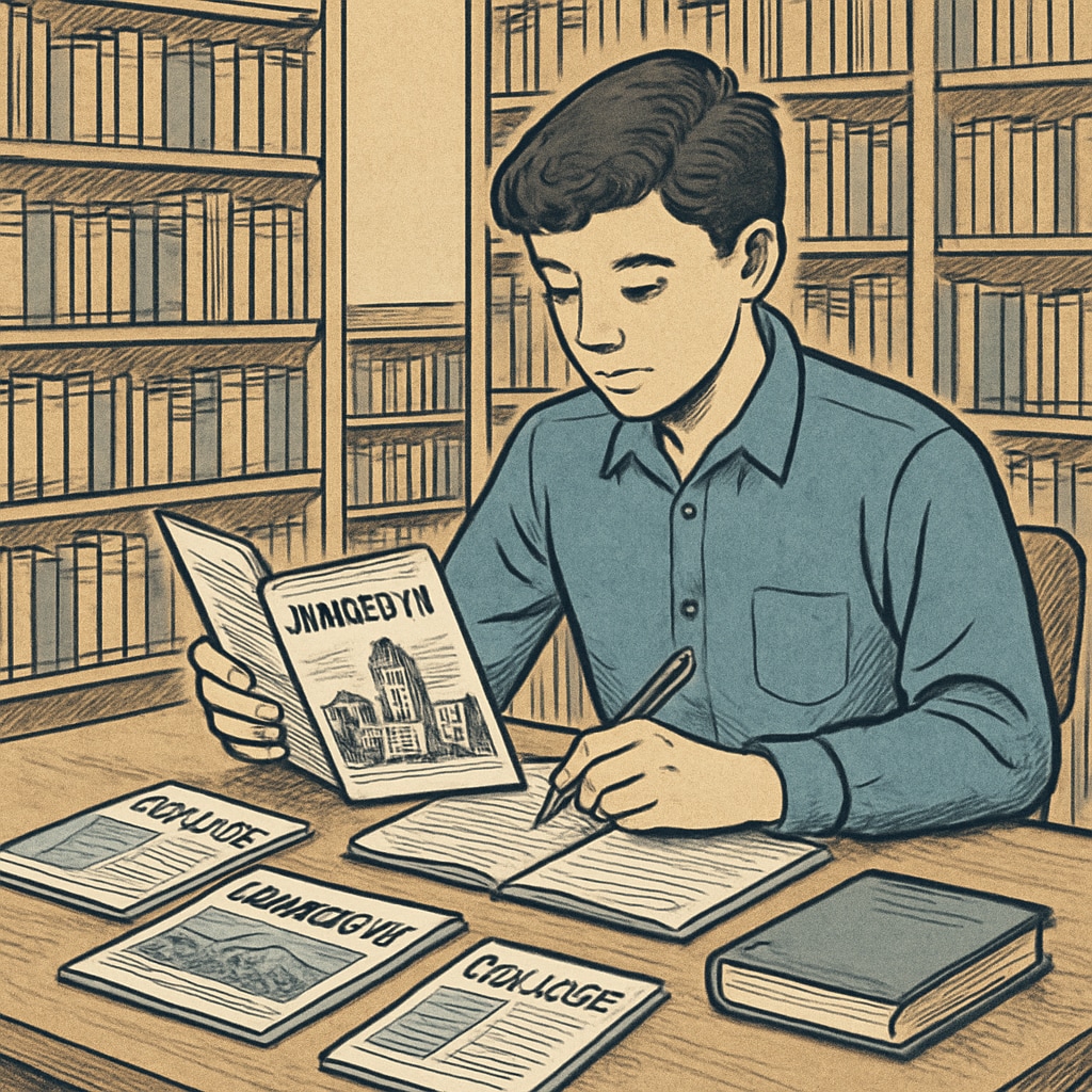 A high school student in a library, reviewing university brochures while taking notes, symbolizing the research phase of academic planning. High school student researching university brochures for major selection guidance.