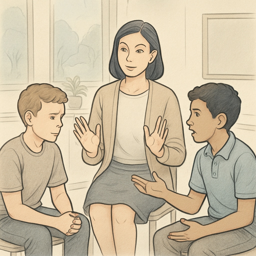 A teacher fostering dialogue and conflict resolution among students in response to bullying.