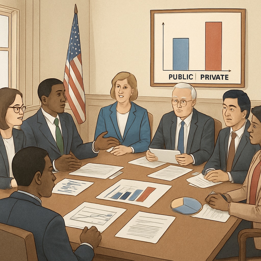 A legislative meeting discussing education funding policies, symbolizing the debate over public vs. private education funding. Legislative meeting on education funding privatization.