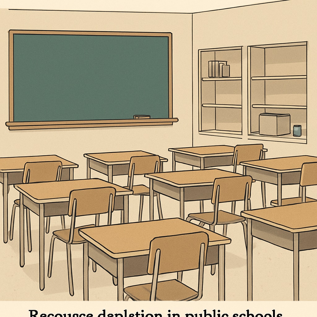 A classroom with empty desks, symbolizing the resource depletion in public schools due to privatization of education funding. Empty classroom desks highlighting the impact of privatization on public schools.