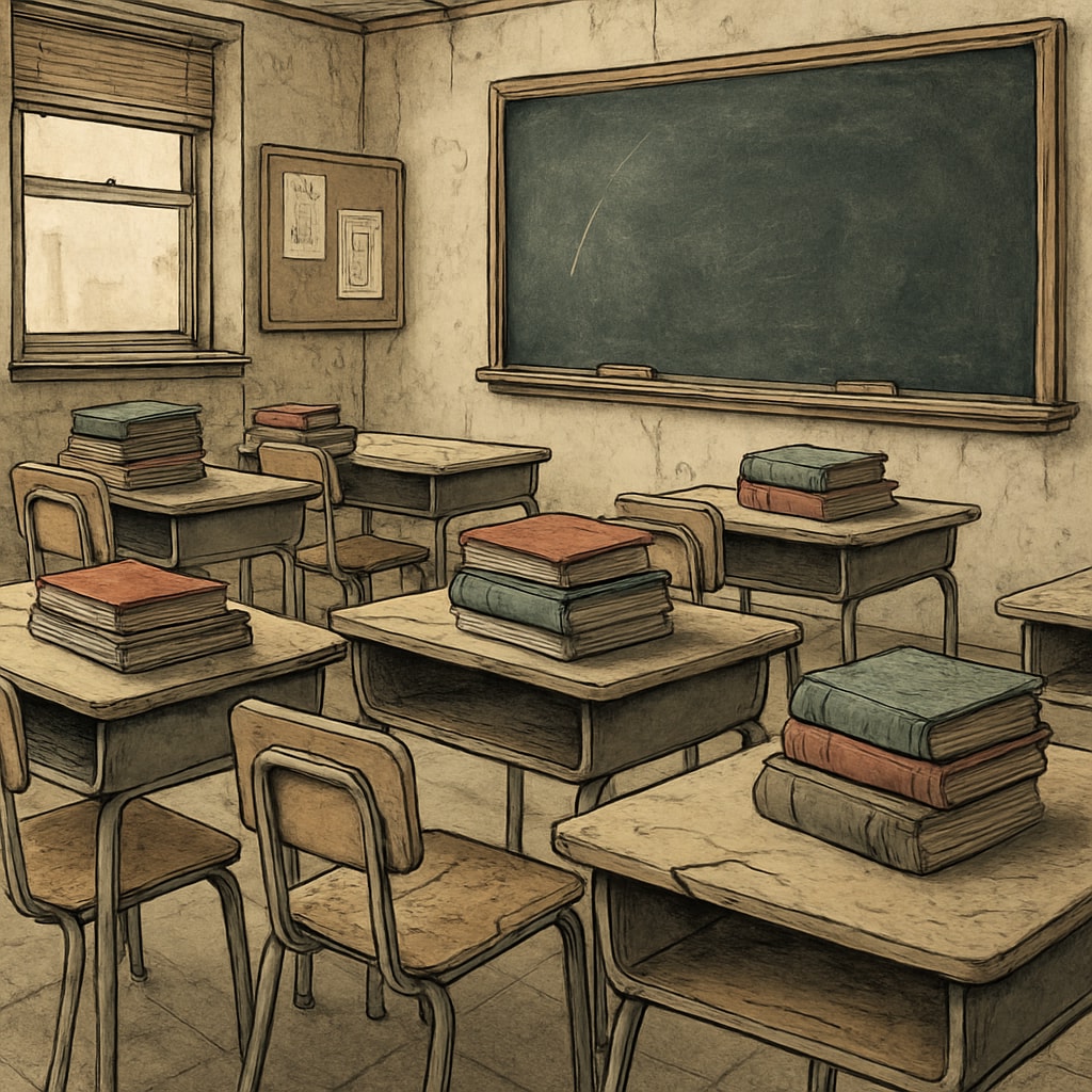 A classroom in a public school with outdated resources, highlighting the impact of reduced funding. Public school classroom with limited resources due to funding cuts.
