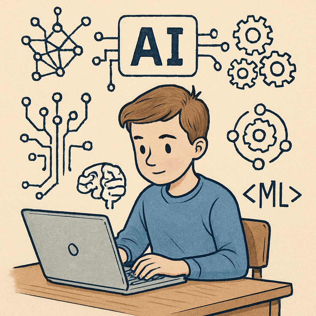 A young student working on a laptop surrounded by AI-related doodles, symbolizing the intersection of programming and engineering in the AI era. A student working on a laptop with AI-related elements, highlighting career choices like programmer vs engineer.