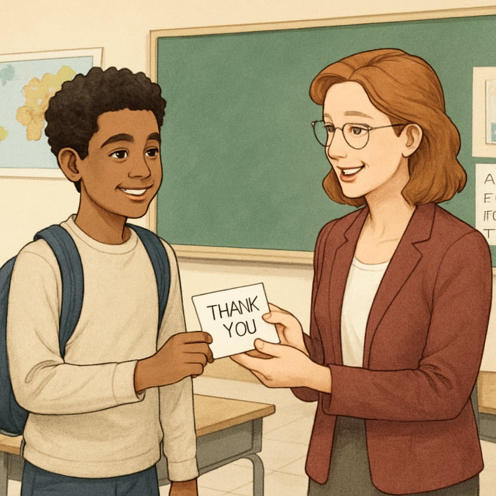 A smiling student handing their teacher a handwritten thank-you note after class. Student expressing gratitude to their teacher in a heartfelt moment of classroom interaction.