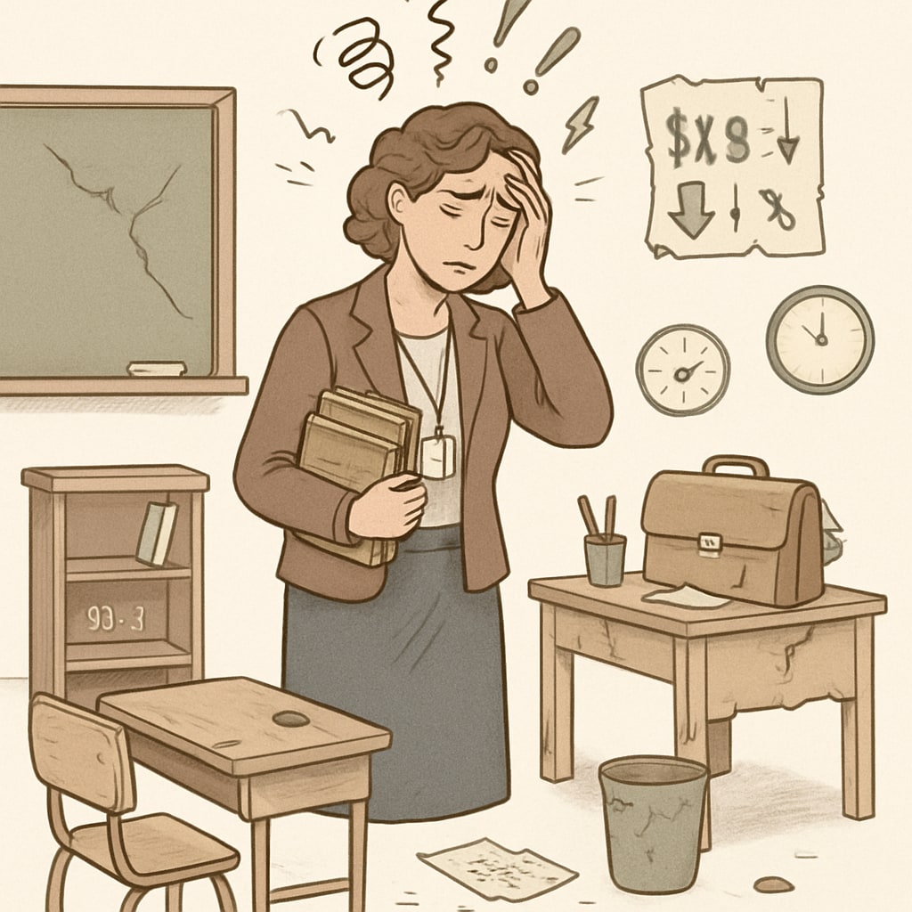 A stressed teacher in an underfunded classroom, illustrating the challenges faced by educators in resource-starved public schools. Public school teacher managing underfunded resources in a crowded classroom.