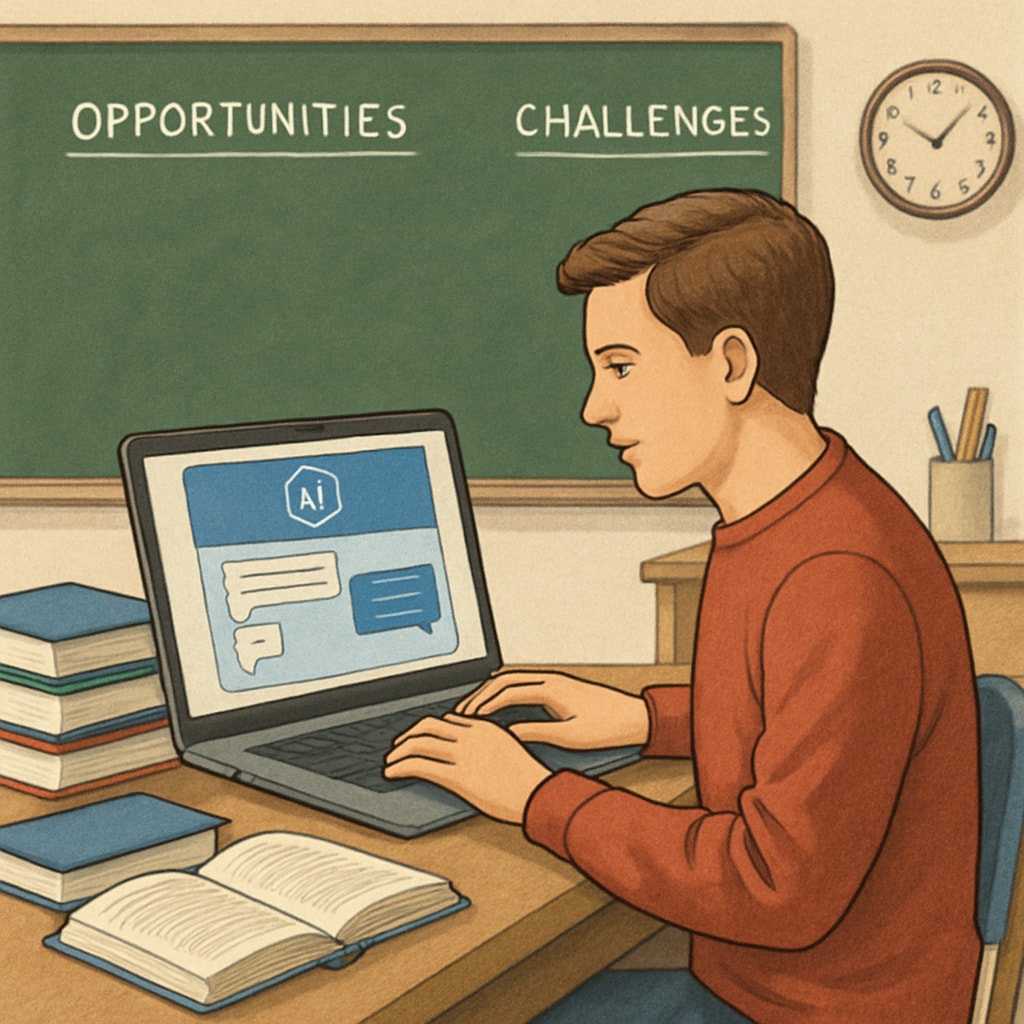 An illustration of a student using AI tools in a classroom setting, highlighting both the opportunities and challenges of integrating technology in education. A student working with AI tools in a classroom, depicting the balance of opportunities and ethical challenges.
