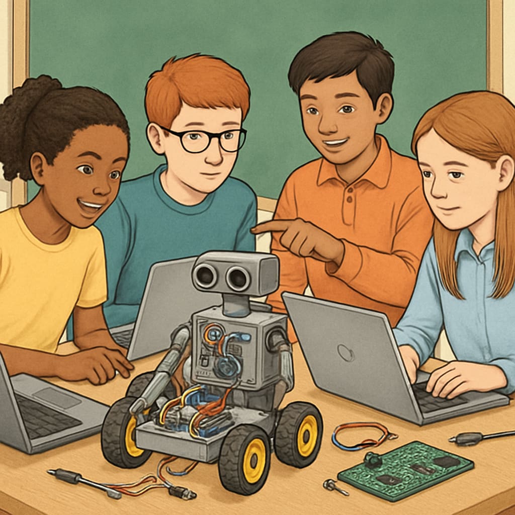 A group of students collaborating on a robotics project, symbolizing the blend of programming and engineering skills in modern education. Students working on a robotics project, showcasing the integration of programming and engineering in the AI era.
