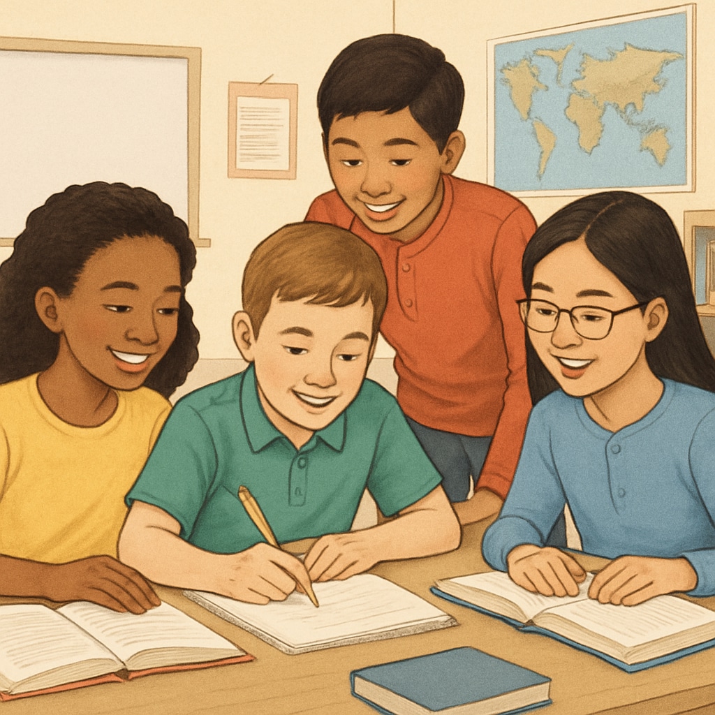 A diverse group of students smiling and actively engaging in a collaborative classroom activity. Students participating in a classroom activity that fosters interaction and respect.
