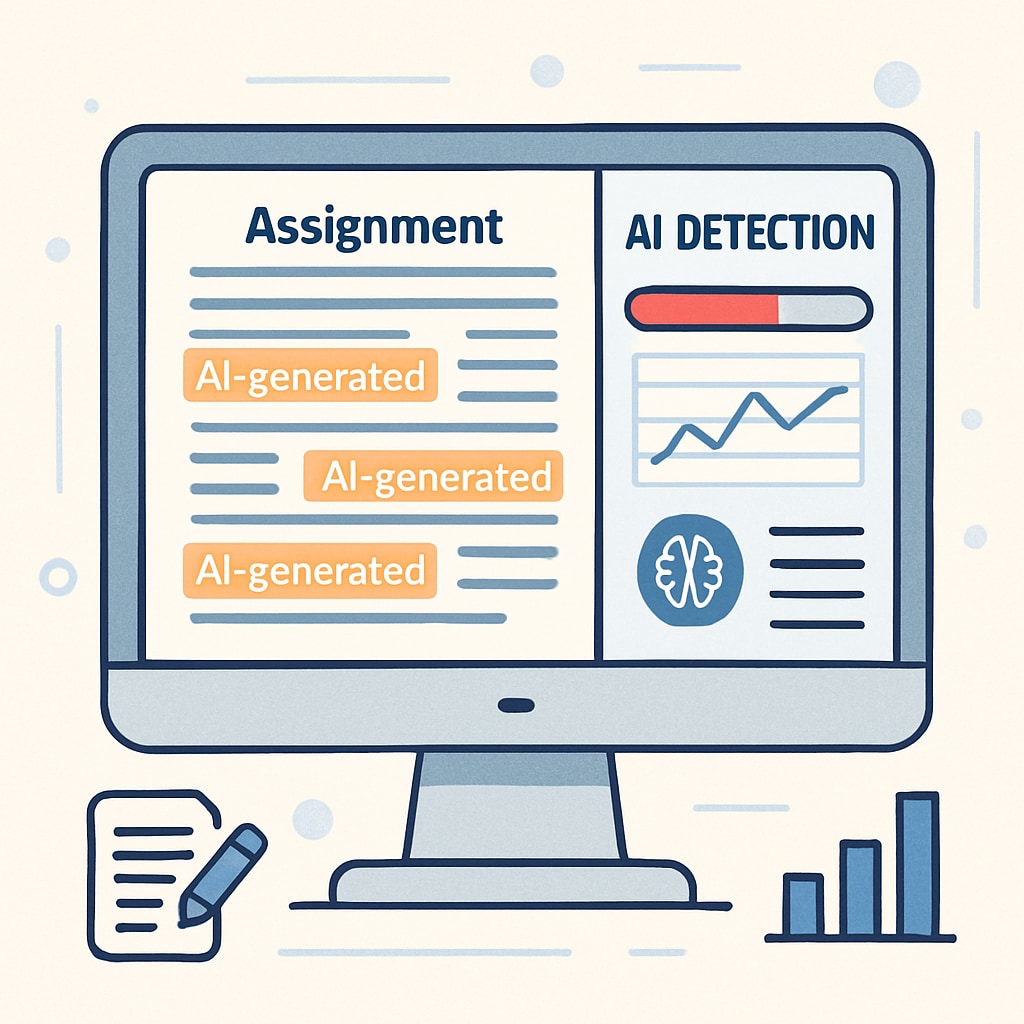 A visual representation of AI detection software in use, showing how assignments are scanned for AI-generated content. AI detection tools scanning academic assignments for potential AI-generated content.