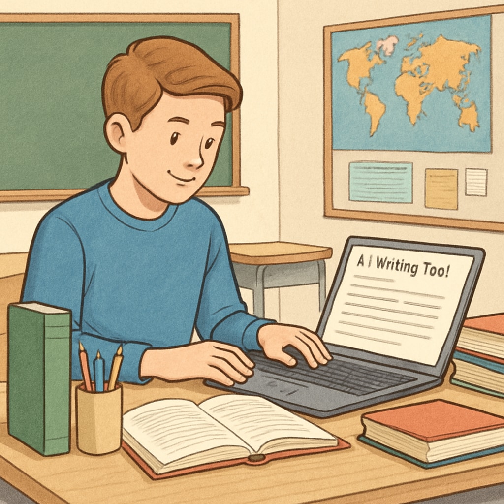 A student using an AI-powered writing tool on a laptop in a classroom setting. Student utilizing AI tools in a classroom, highlighting academic challenges.